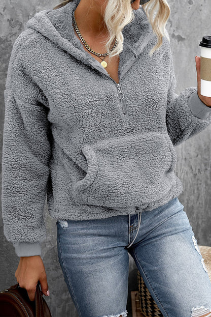 Sweat-shirt à capuche zippé 1/4 en sherpa avec kangourou