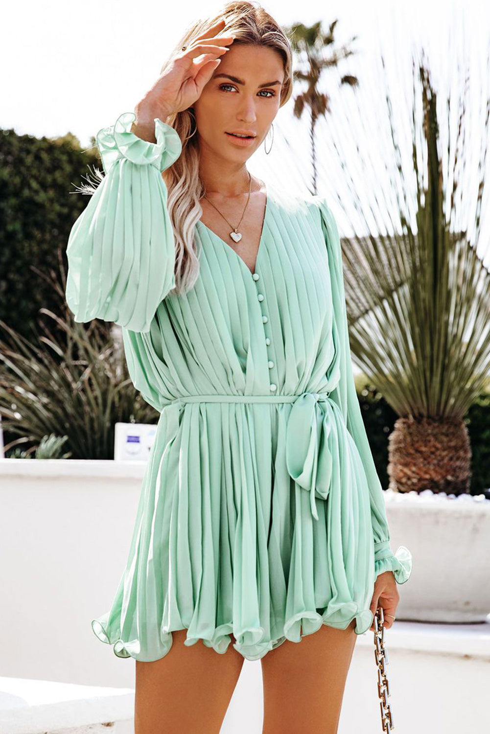 Pleated Ruffled Tie Waist Buttons V Neck Romper