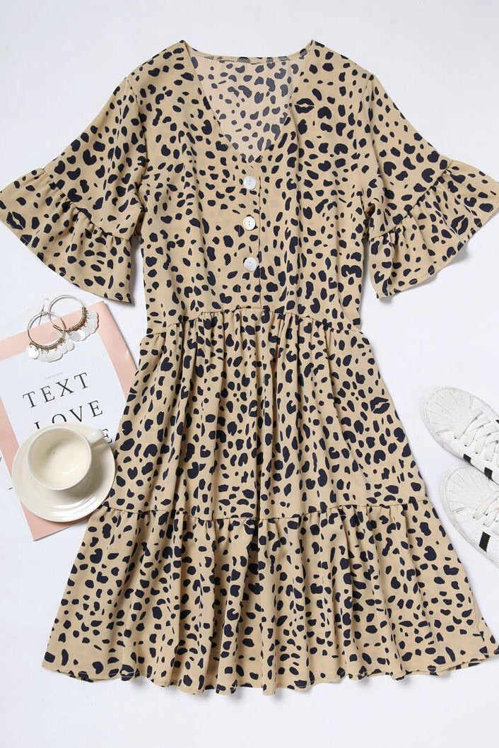 V Neck Ruffled Mini Dress with Buttons