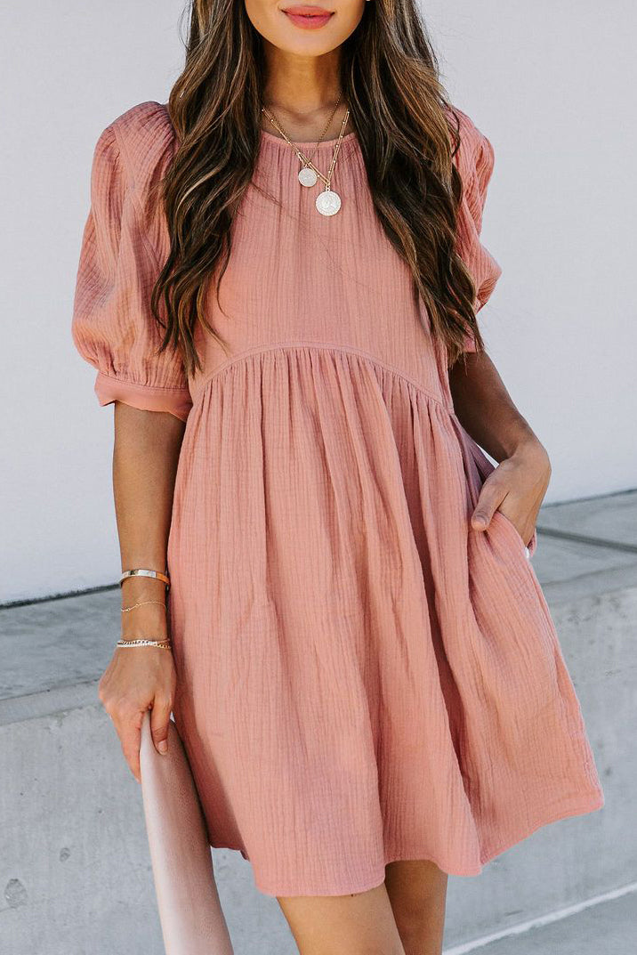Pocketed Puff Sleeve Empire Waist Swing Short Dress