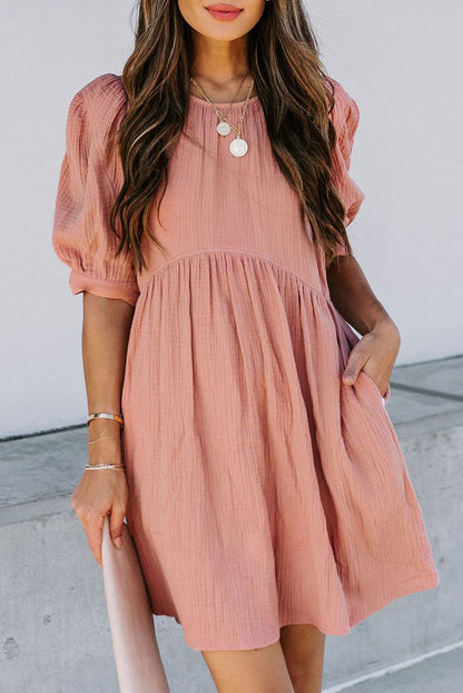 Pocketed Puff Sleeve Empire Waist Swing Short Dress