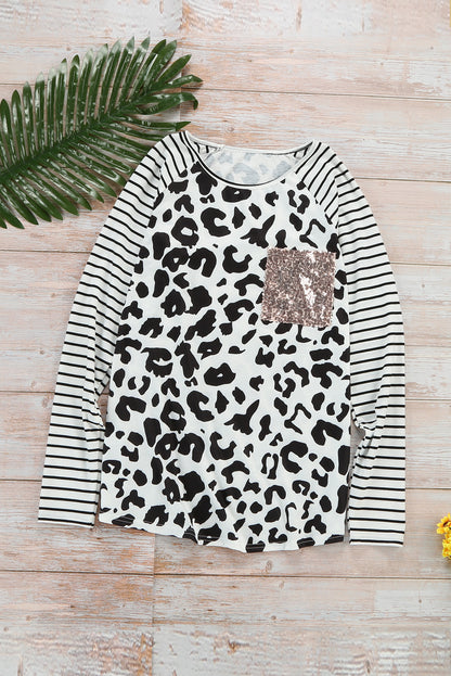 Top de manga a rayas con panel de leopardo negro con bolsillo de lentejuelas