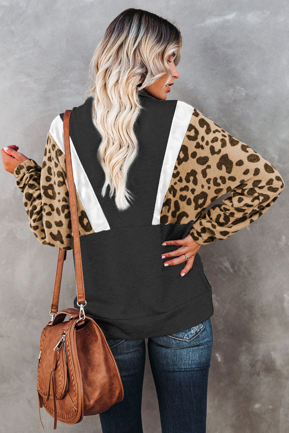Pocketed Half Zip Leopard Pullover Sweatshirt