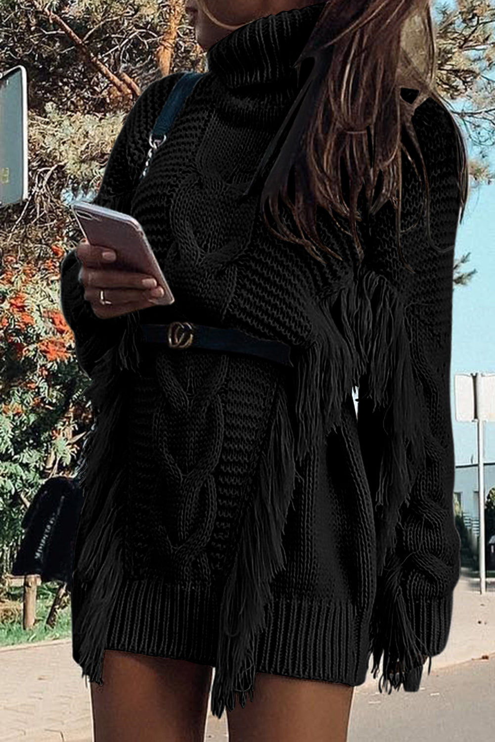Twist Fringe Casual High Neck Sweater Dress