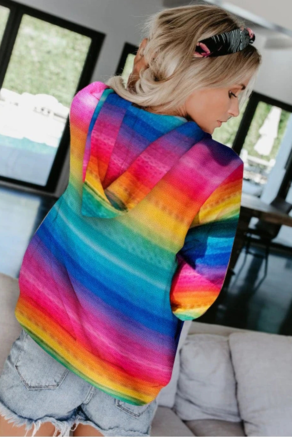 Multicolor Tie-Dyed Zipper Pocket Drawstring Hooded Jacket