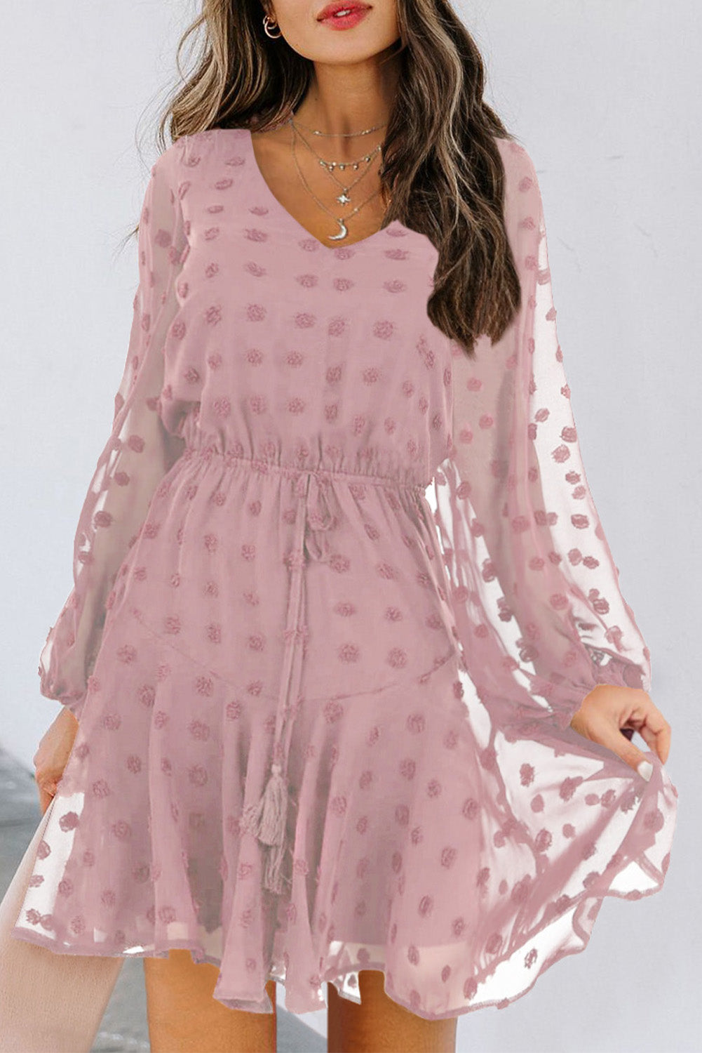 Mini-robe à manches longues et à pois suisses avec lien à la taille 