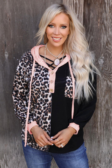 Leopard Patchwork Buttoned Hooded Sweatshirt