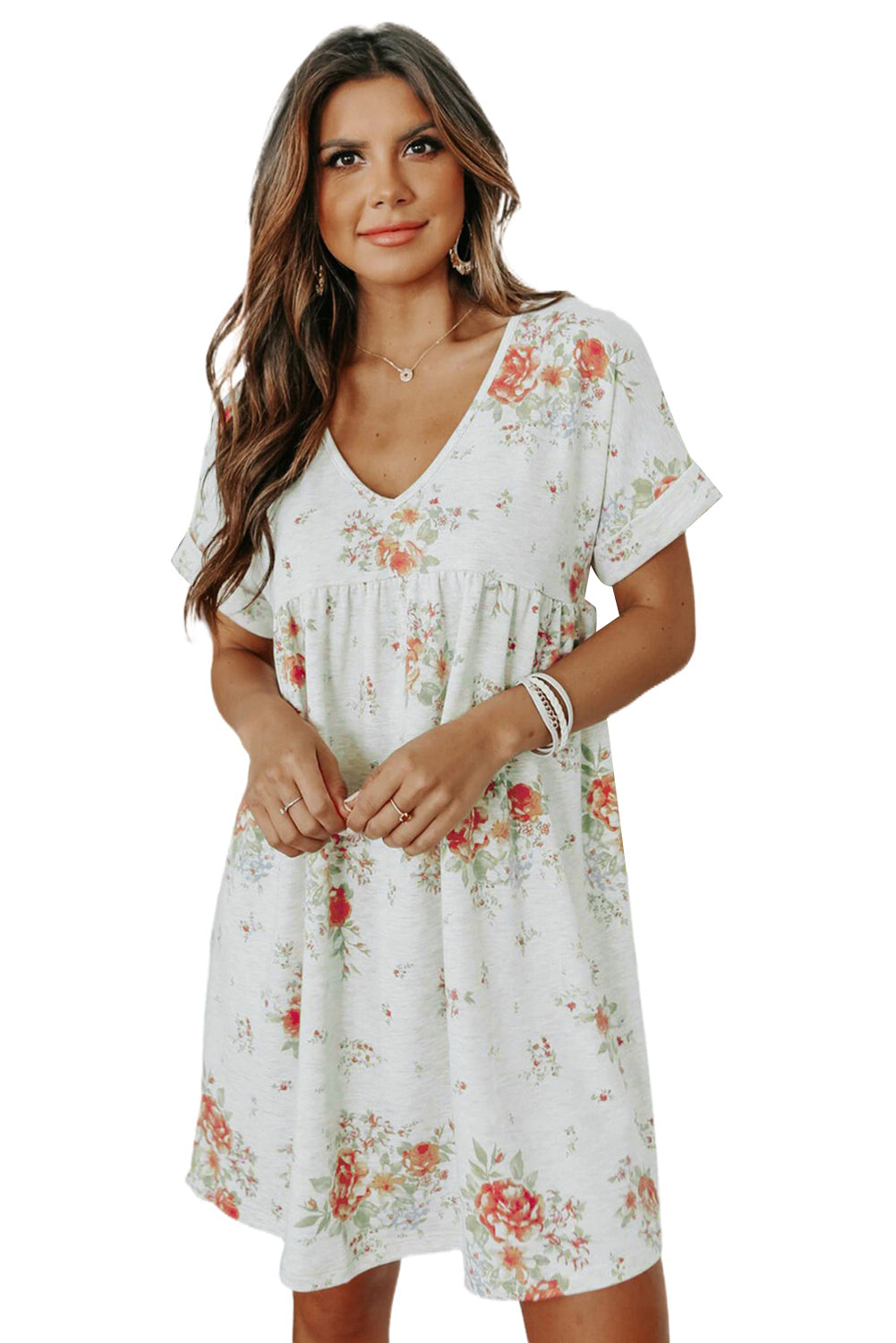 V-Neck Flutter Sleeve Babydoll Floral Dress