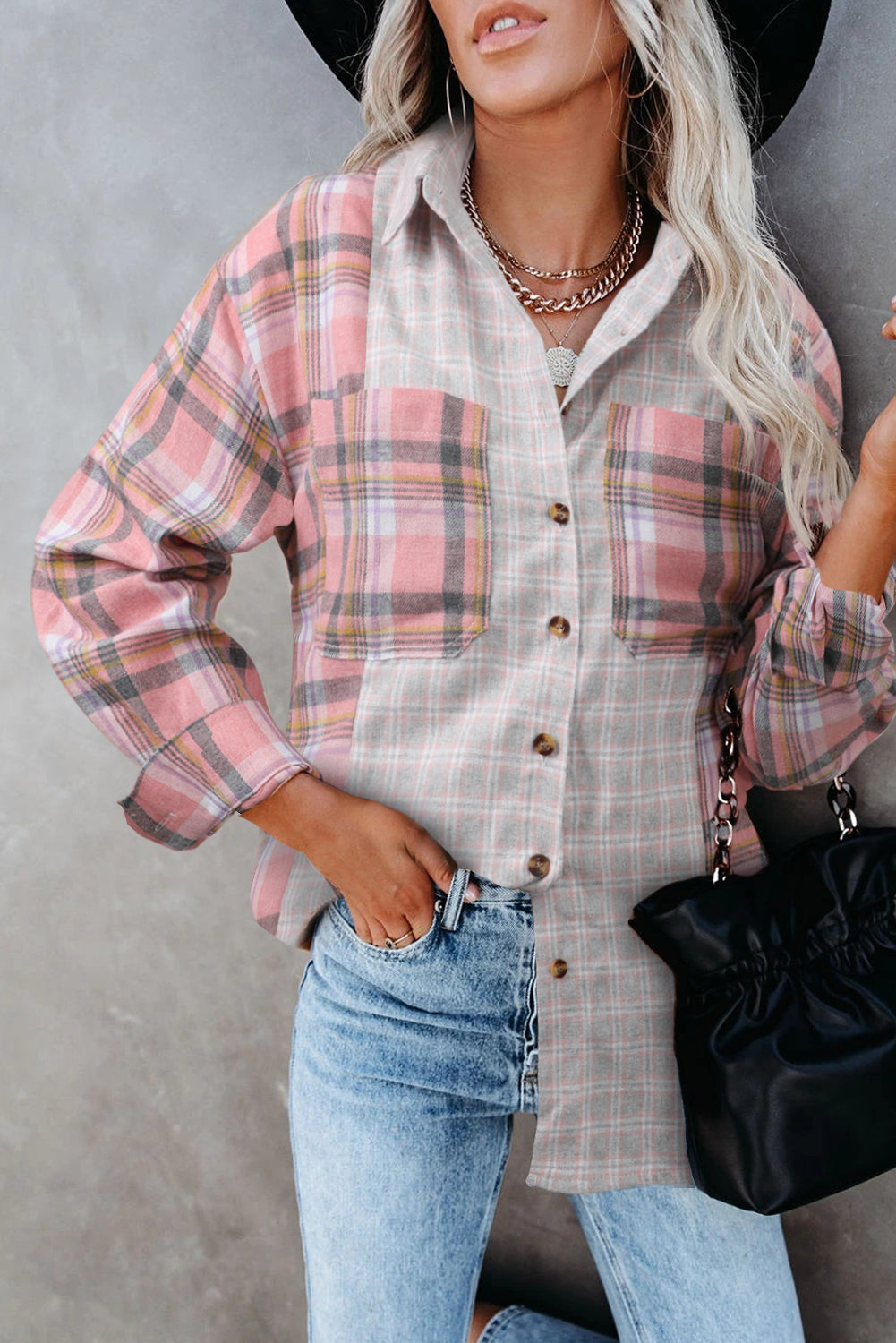 Chemise à manches longues boutonnée à carreaux et blocs de couleurs