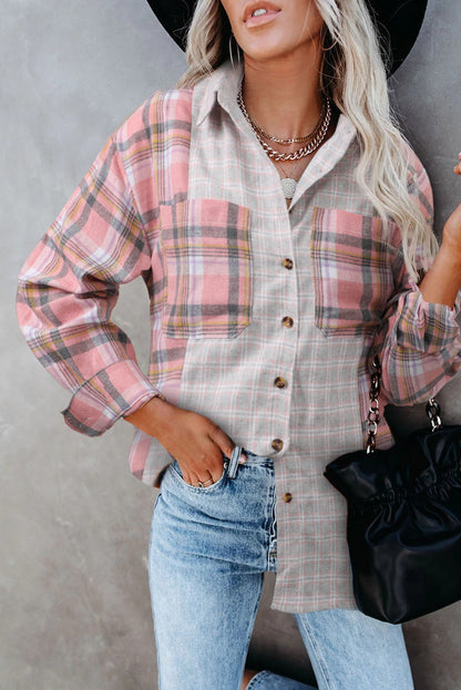 Chemise à manches longues boutonnée à carreaux et blocs de couleurs
