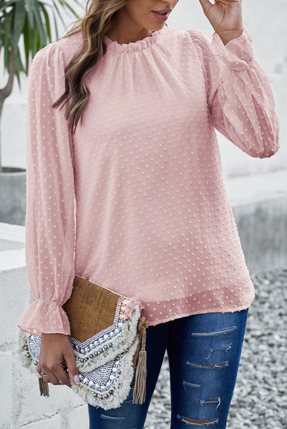 Ruffled Crewneck Swiss Dot Bubble Sleeve Blouse