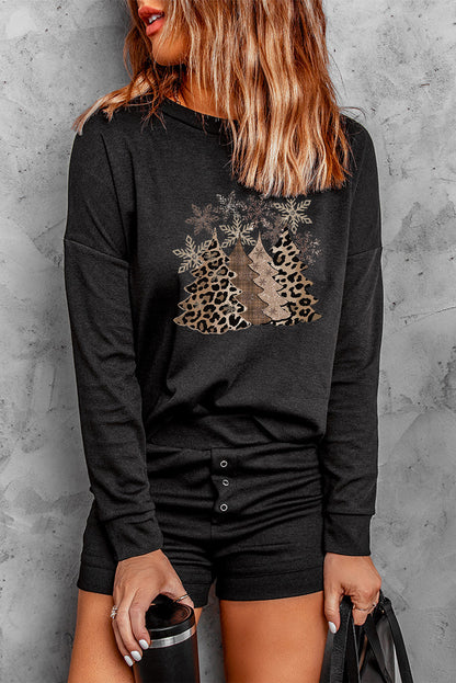 Ensemble deux pièces haut à manches tombantes et short en tricot côtelé gris