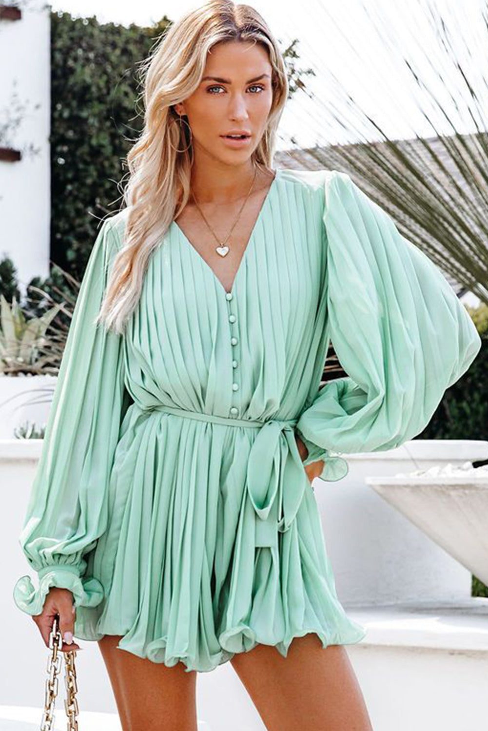 Pleated Ruffled Tie Waist Buttons V Neck Romper