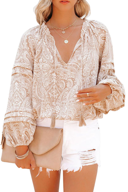Pattern Print Drawstring Tassel Puff Sleeve Blouse