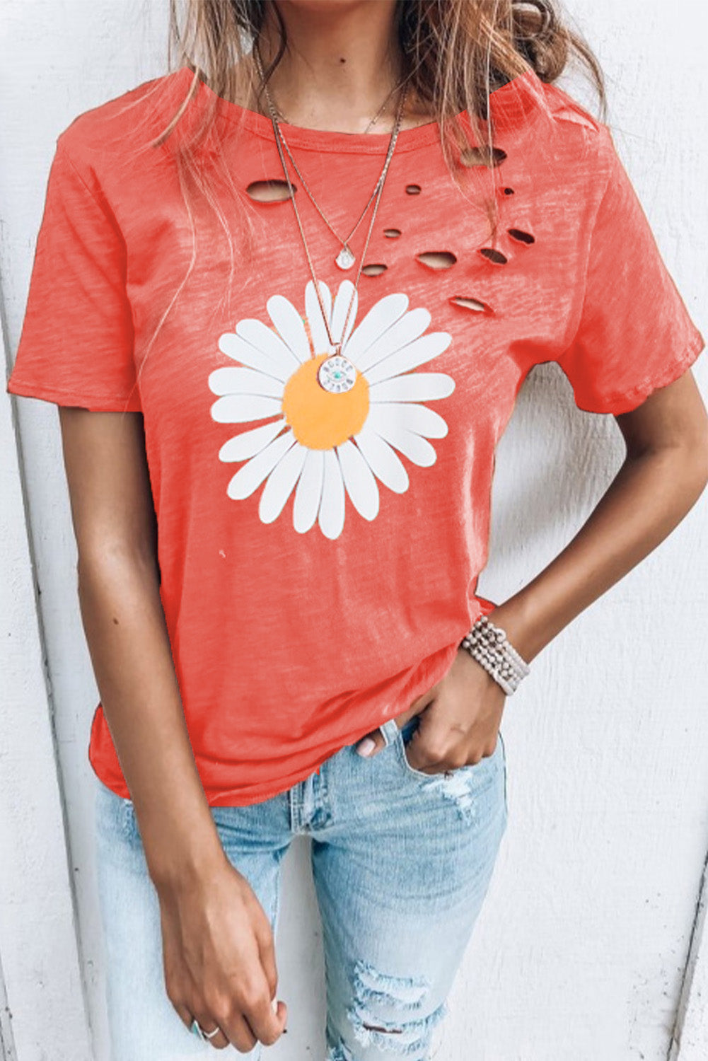 Distressed Crew Neck Leaves Pattern T-shirt