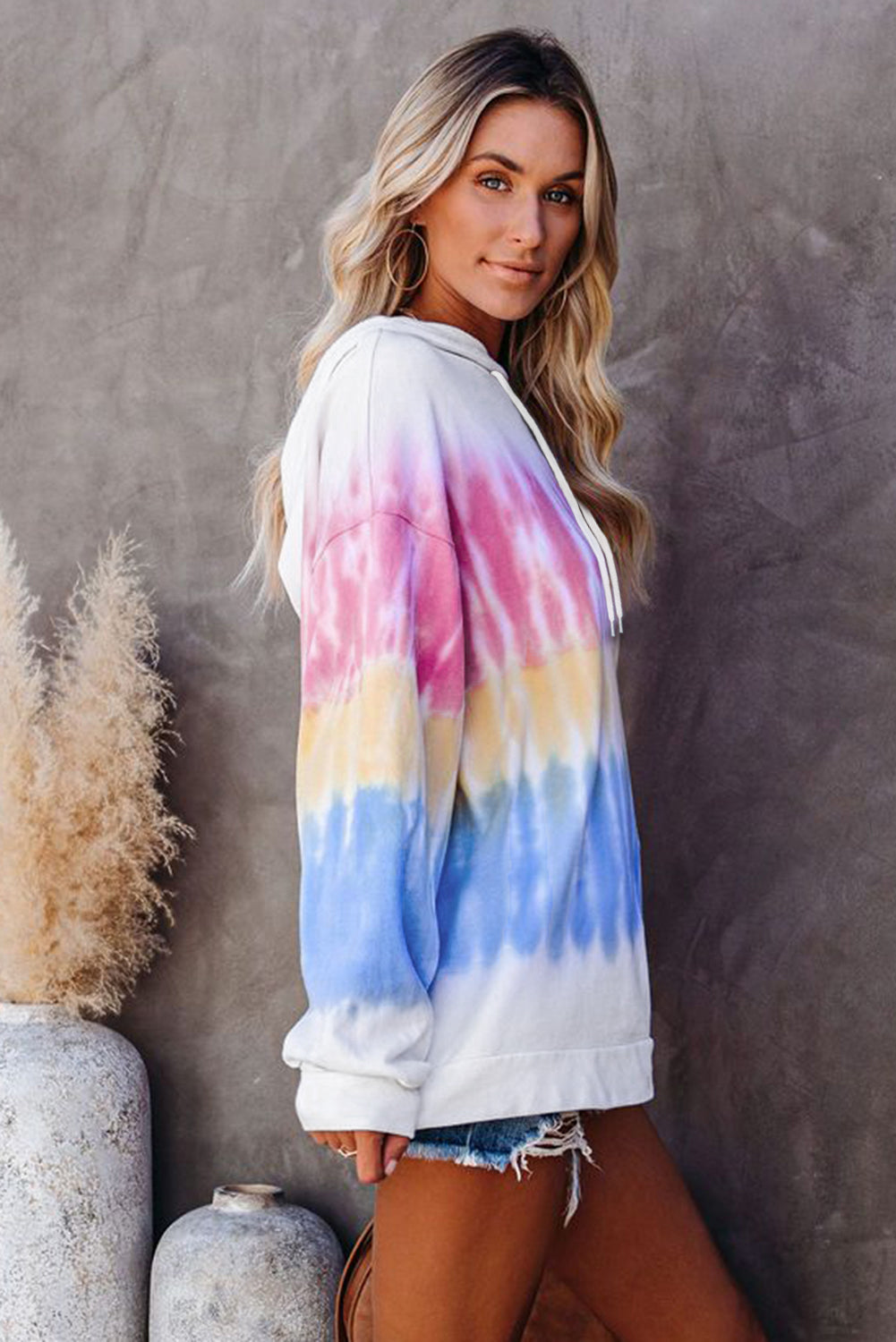 Multicolor Colorblock Tie-dye Drawstring Pullover Hoodie