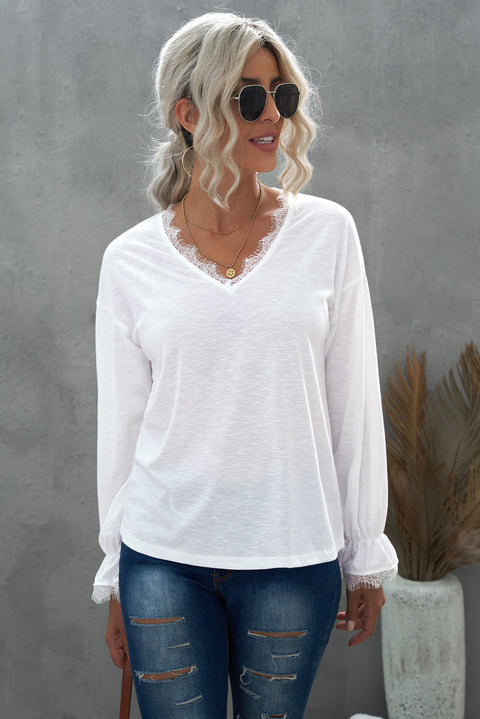 Solid Color Lace V Neck Long Sleeve Top