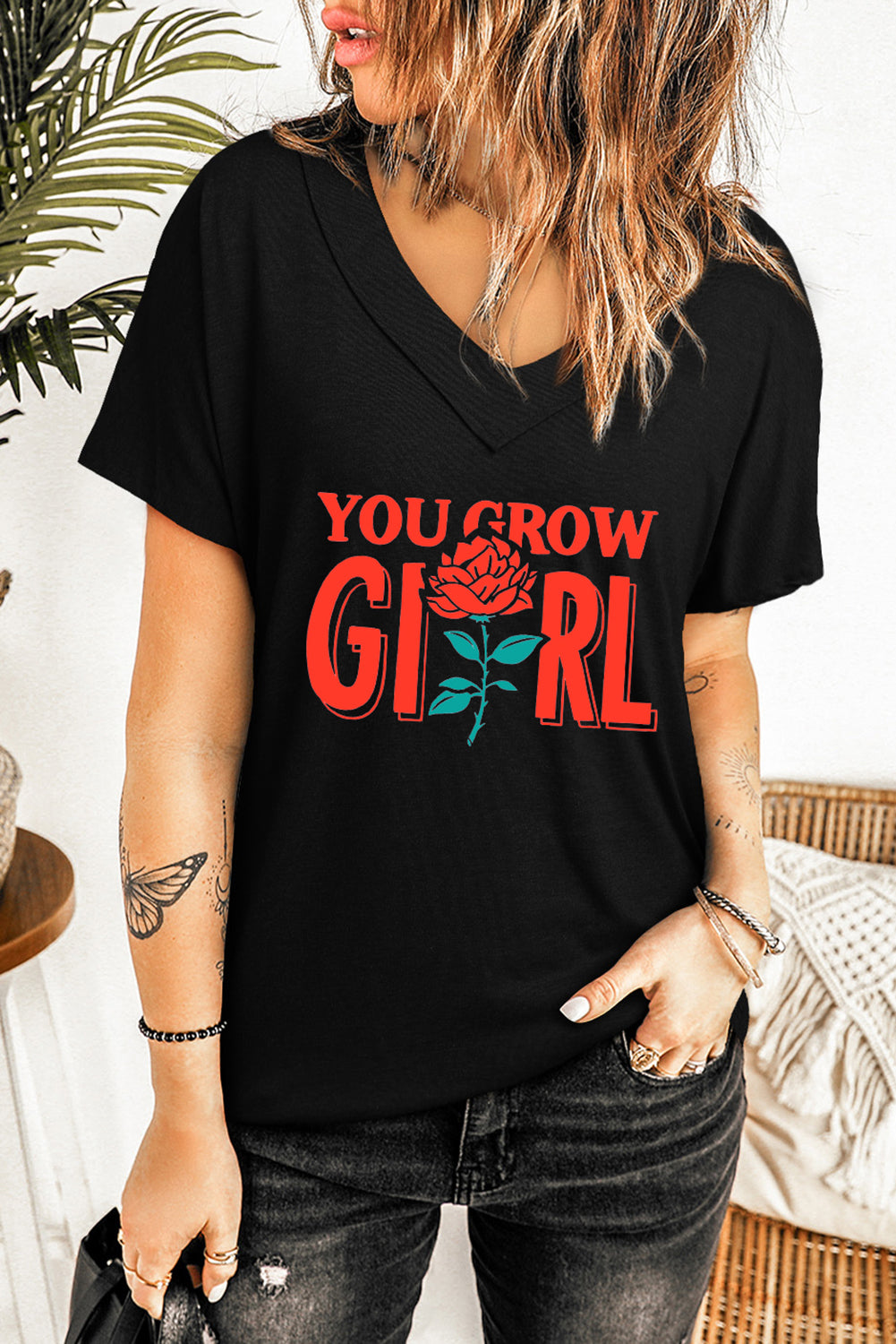 Haut oversize à manches courtes et col en V en mélange de coton délavé minéral 