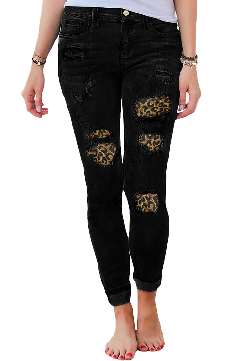Jeans ajustados de cintura alta con bolsillo de parche de leopardo rasgado