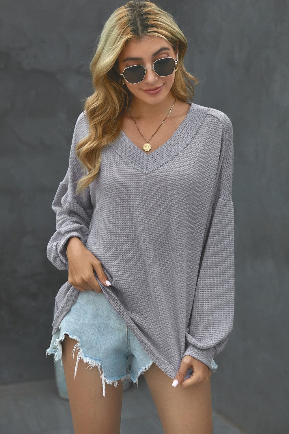 Billowed Sleeve Thermal Knit Top - HannaBanna Clothing