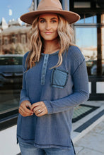 Waffle Elbow Patch Buttoned Long Sleeve Top