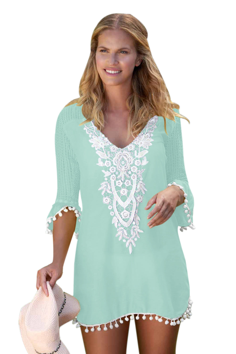 Crochet Pom Pom Trim Beach Tunic Cover up