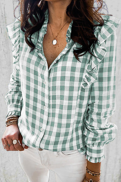 Plaid Print Ruffled Buttoned Shirt