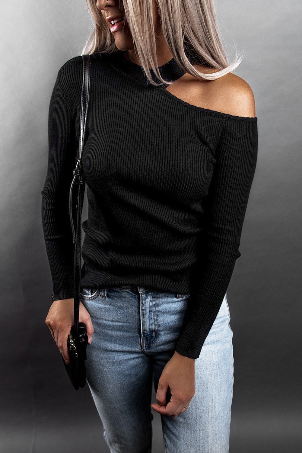 Cold Shoulder Solid Color Ribbed Texture Long Sleeve Top