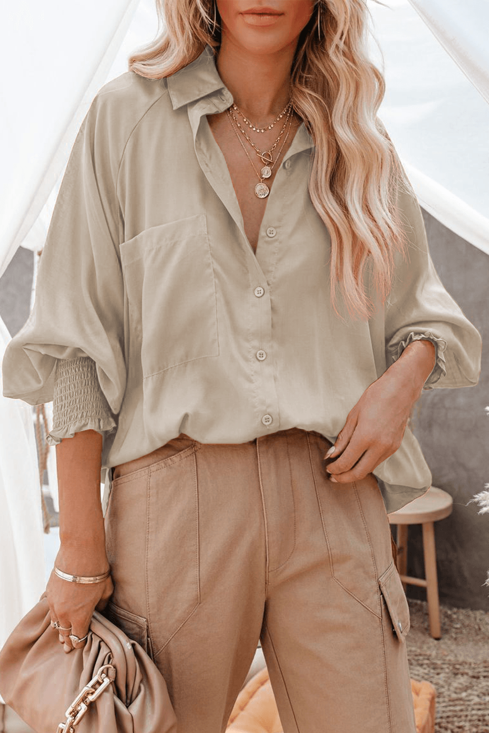 Billowy Sleeves Pocketed Shirt - HannaBanna Clothing