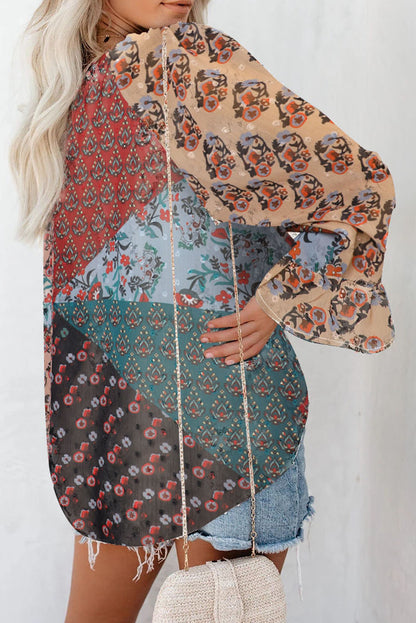 Floral Print Drawstring Long Bell Sleeve Blouse
