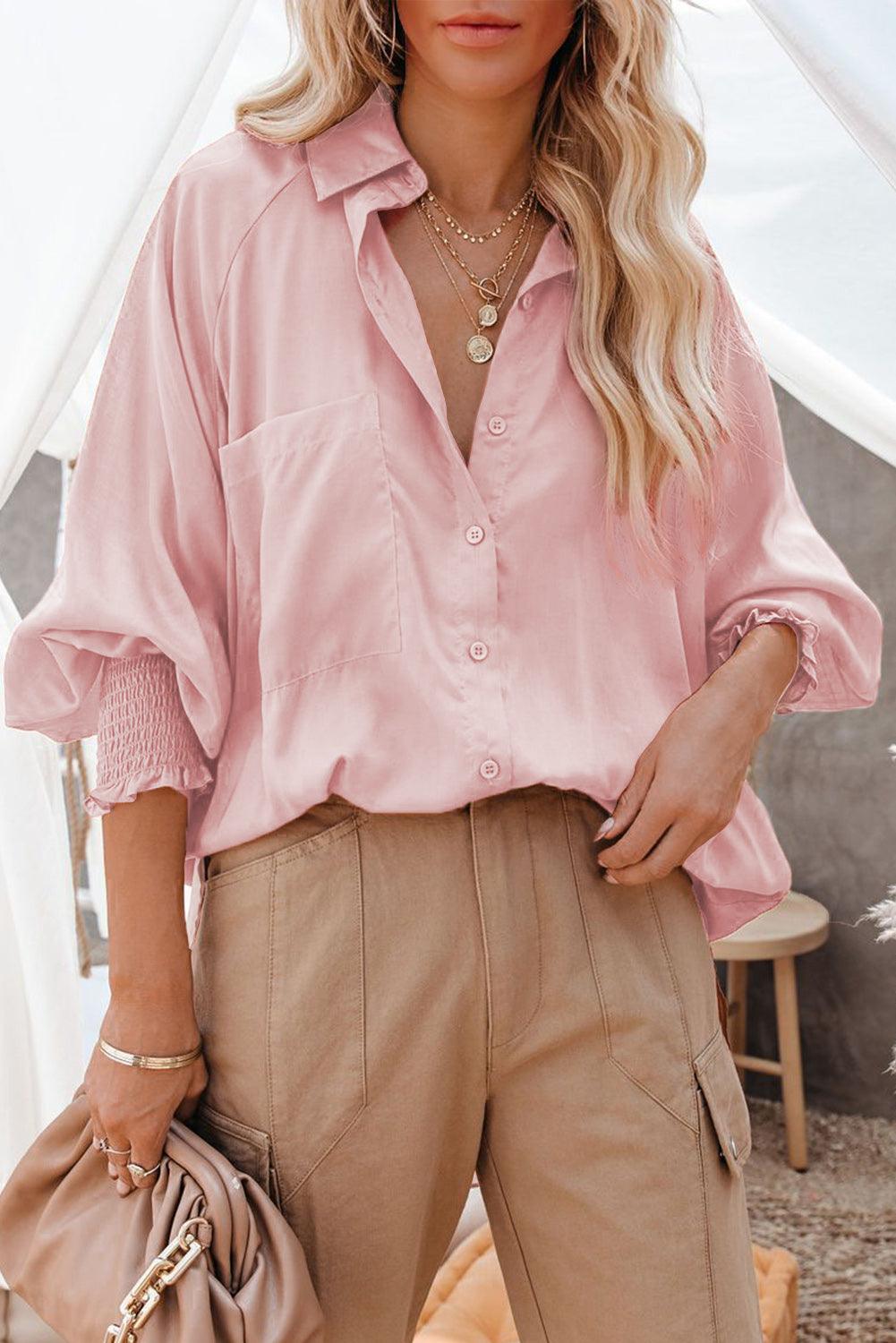 Billowy Sleeves Pocketed Shirt - HannaBanna Clothing