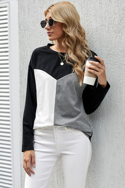 Color Block Splicing O-Neck Blouse