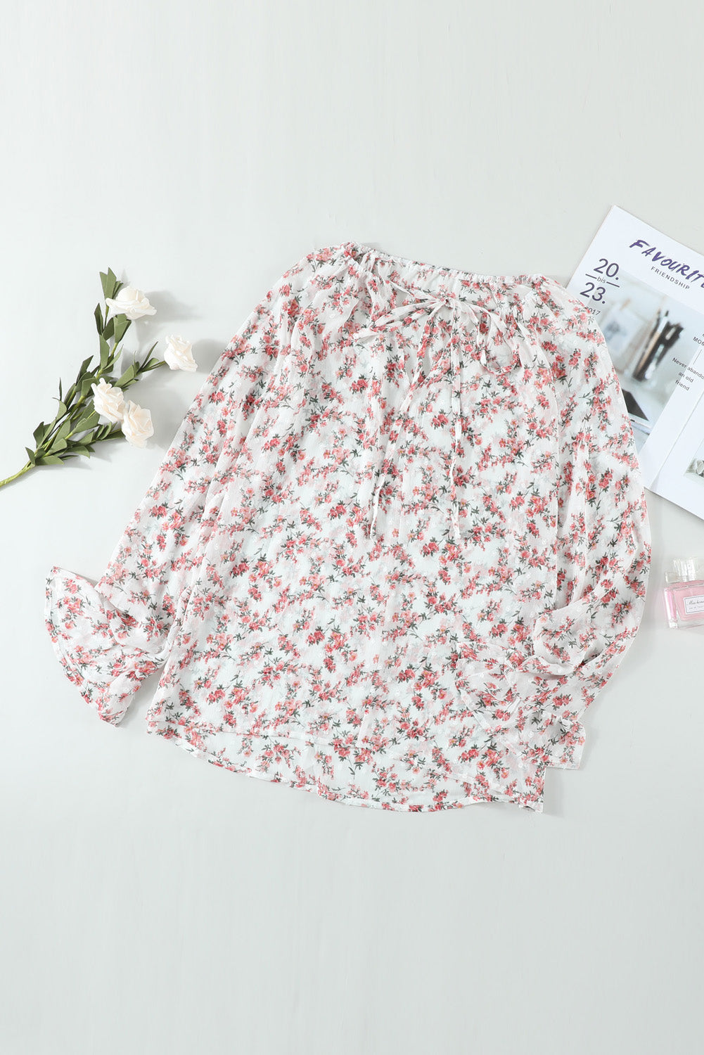 Floral Print Drawstring Long Bell Sleeve Blouse