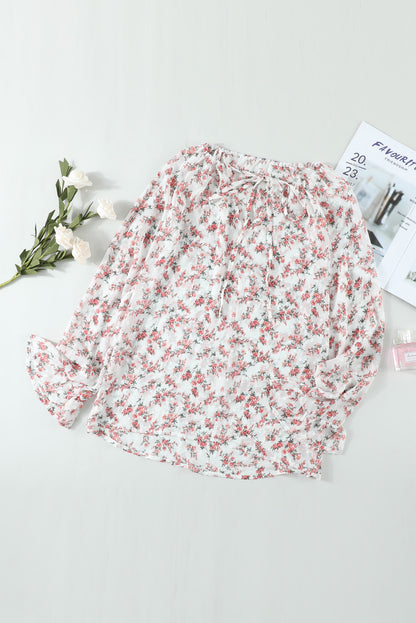 Floral Print Drawstring Long Bell Sleeve Blouse