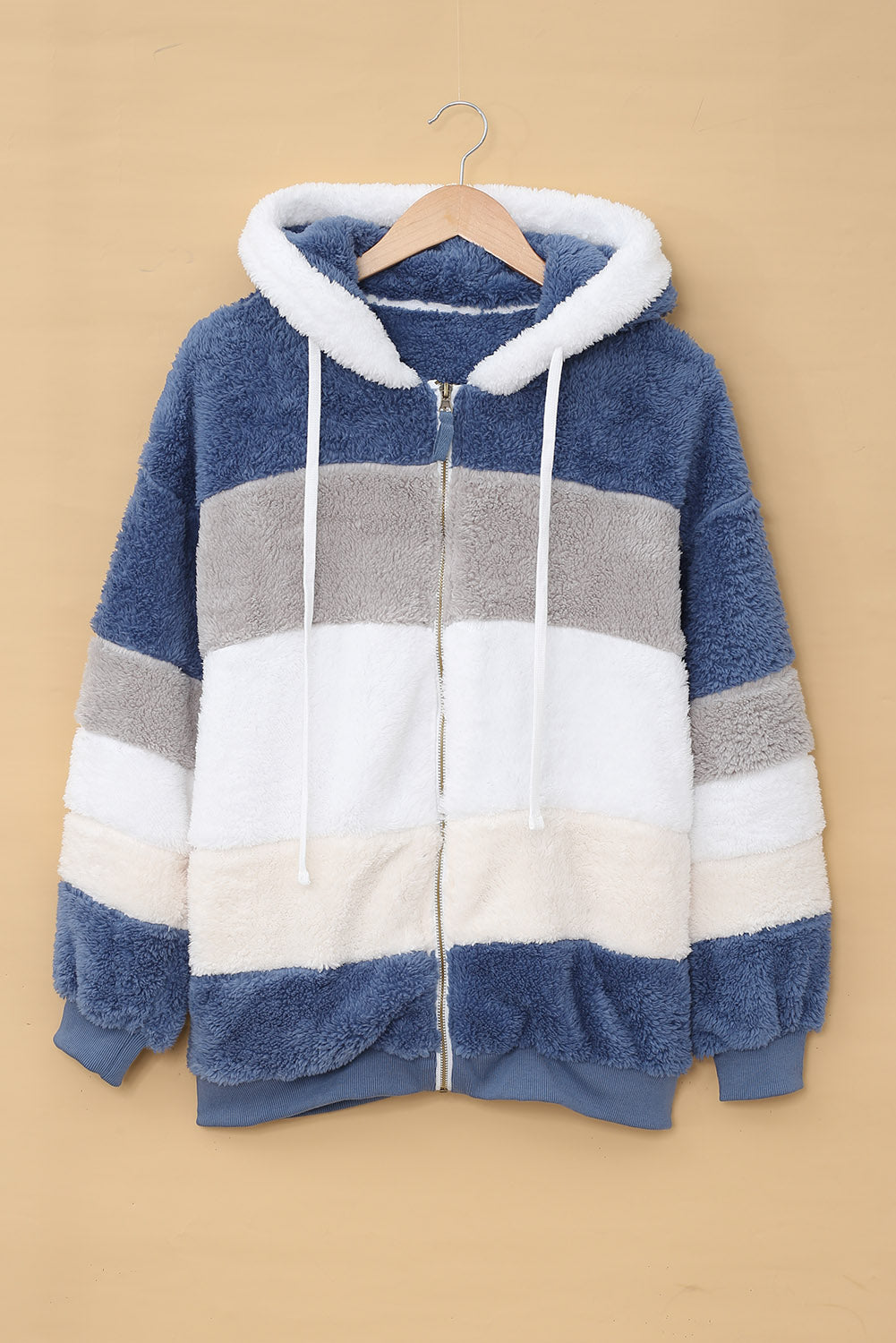 Abrigo sherpa con cremallera y bloques de color rojo vino con capucha 