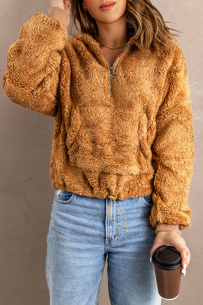 Sweat-shirt à capuche zippé 1/4 en sherpa avec kangourou