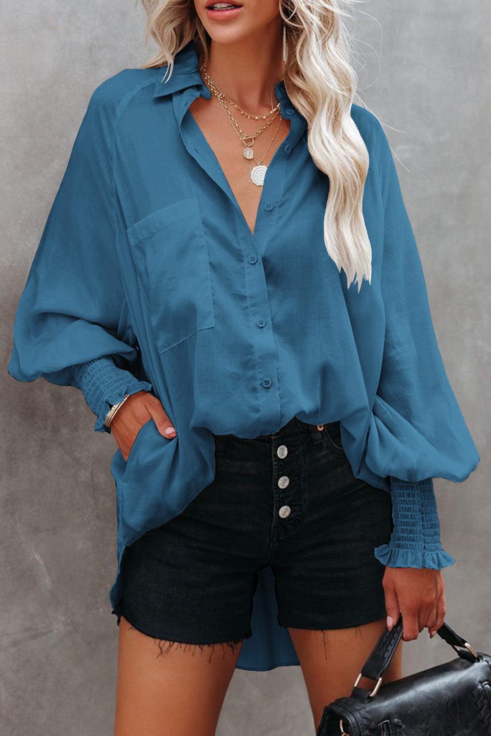 Billowy Sleeves Pocketed Shirt - HannaBanna Clothing
