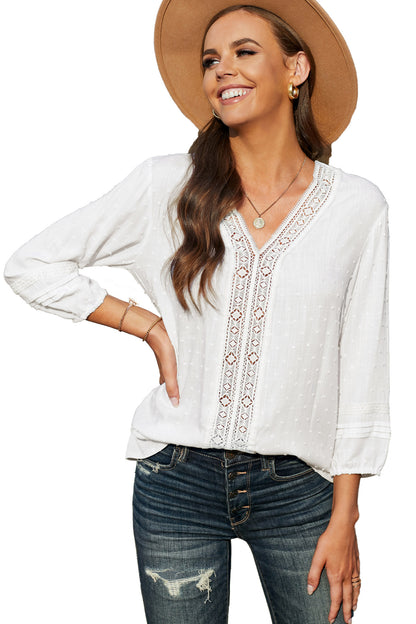 V Neck 3/4 Sleeve Swiss Dot Casual Shirt