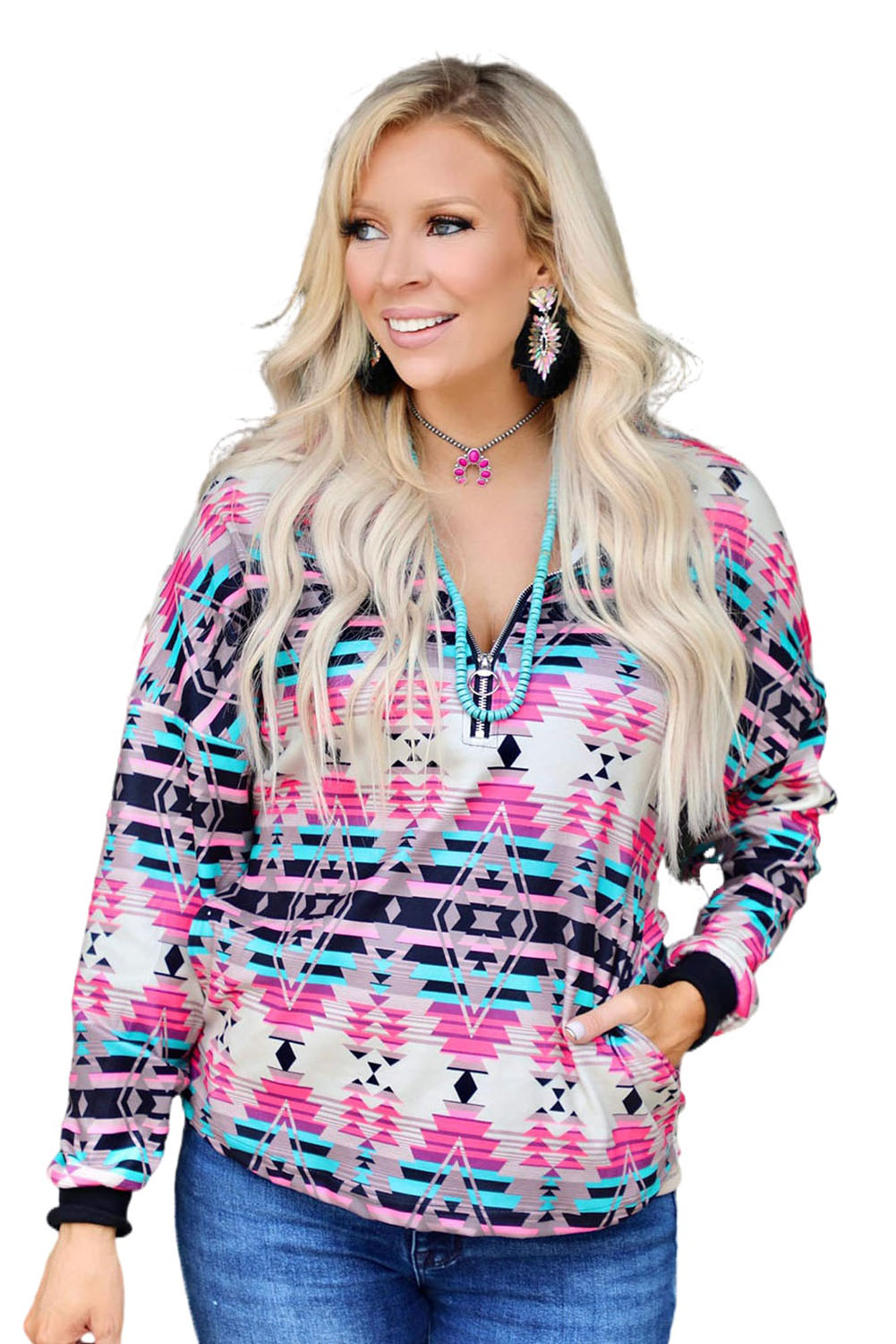 Sweat-shirt zippé à col rabattu et motif aztèque multicolore