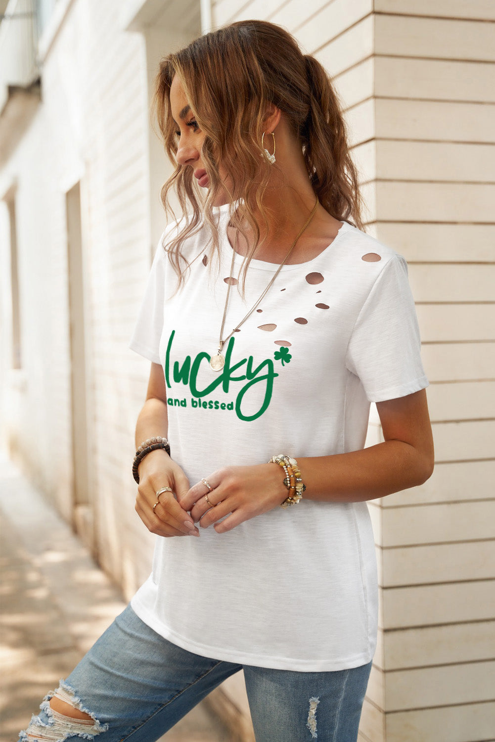 Camiseta mixta de algodón con cuello redondo y agujeros