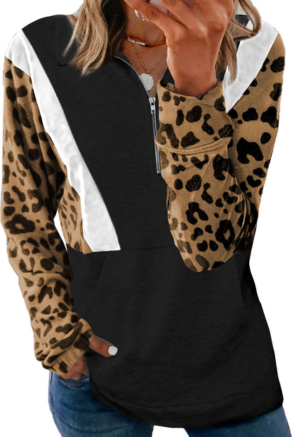 Pocketed Half Zip Leopard Pullover Sweatshirt