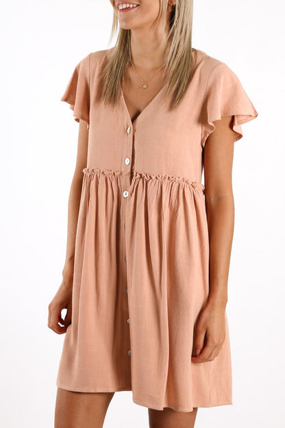 V Neck Buttoned Empire Waist Babydoll Mini Dress