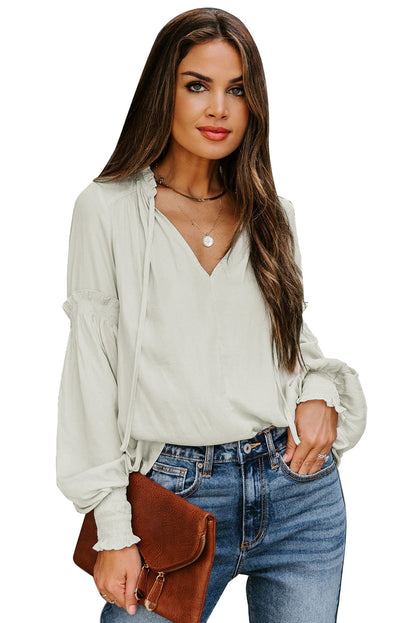 Satin V-neck Lantern Sleeve Drawstring Blouse