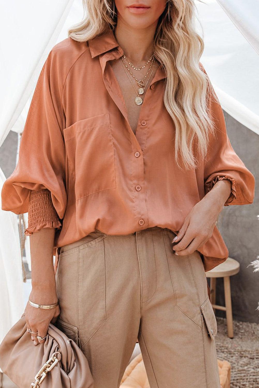 Billowy Sleeves Pocketed Shirt - HannaBanna Clothing