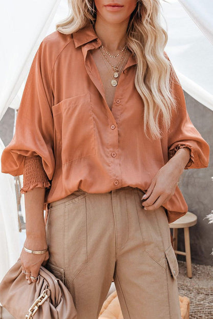 Billowy Sleeves Pocketed Shirt - HannaBanna Clothing