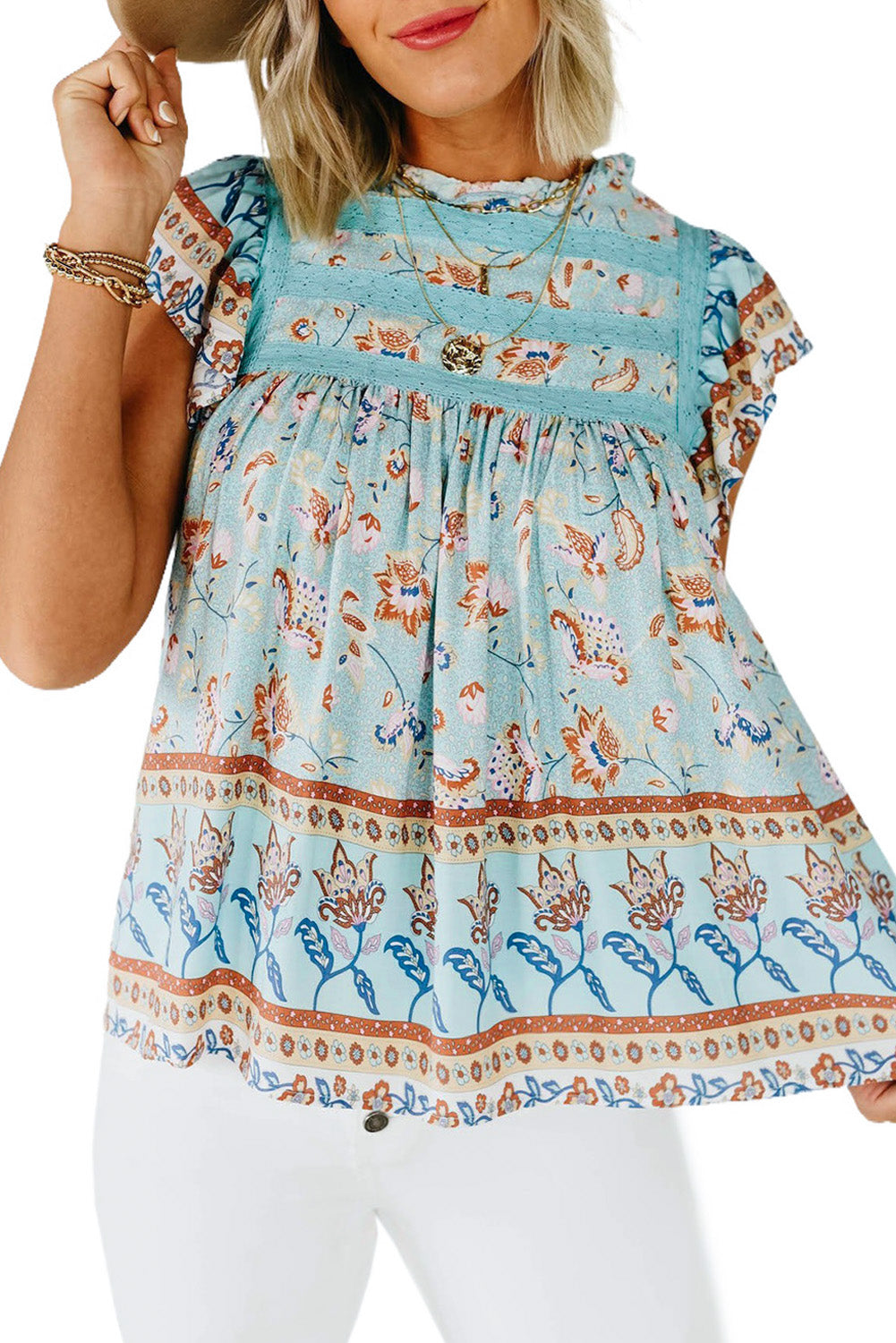 Floral Print Ruffled Crew Neck Sleeveless Top
