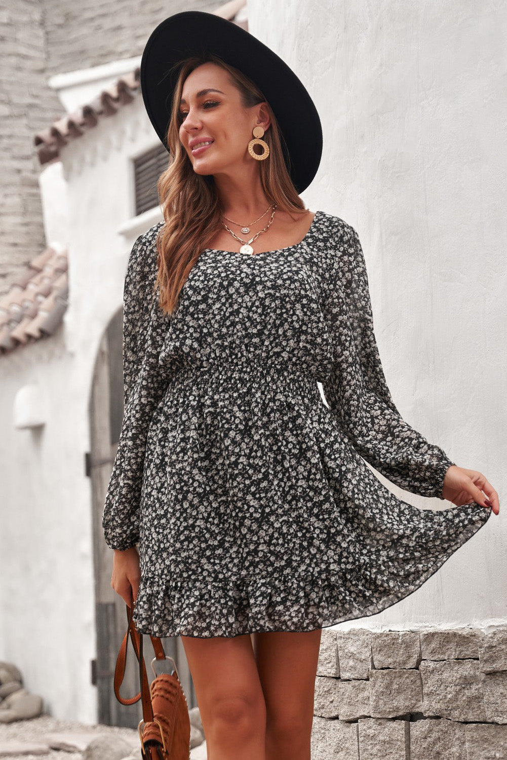 Graceful Elastic Waist Ruffled Floral Dress