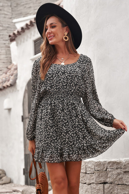 Graceful Elastic Waist Ruffled Floral Dress