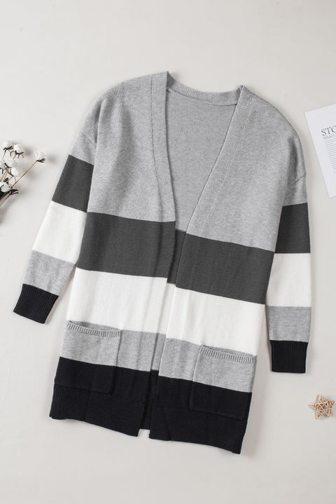 Open Front Colorblock Cardigan with Pockets