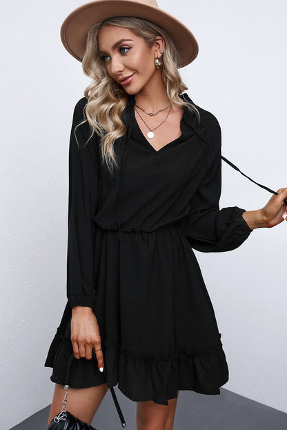 Khaki Bubble Sleeve Split Neck Ruffle Tunic Dress